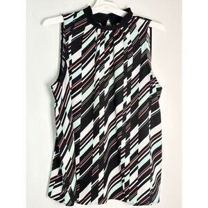 Elle Sleeveless Mock Neck Blouse Large Black Mint Pink Geometric Stripe Top